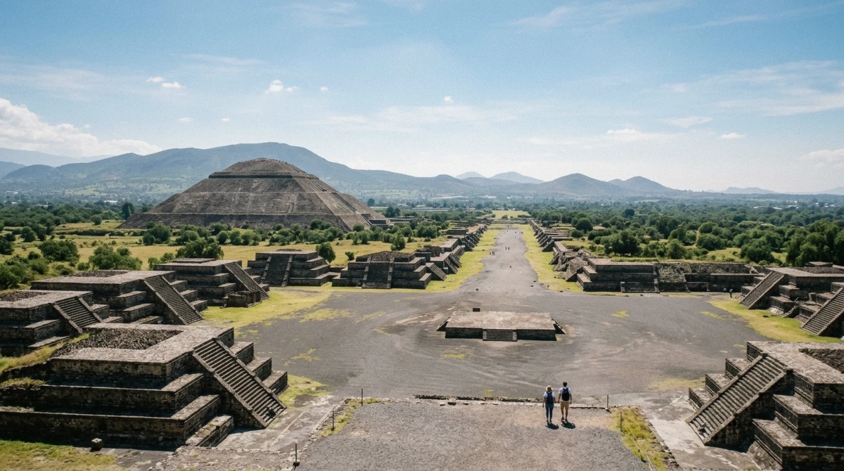 Clear dry-season morning light over the Pyramid of the Sun on a Teotihuacan pyramids tour in November