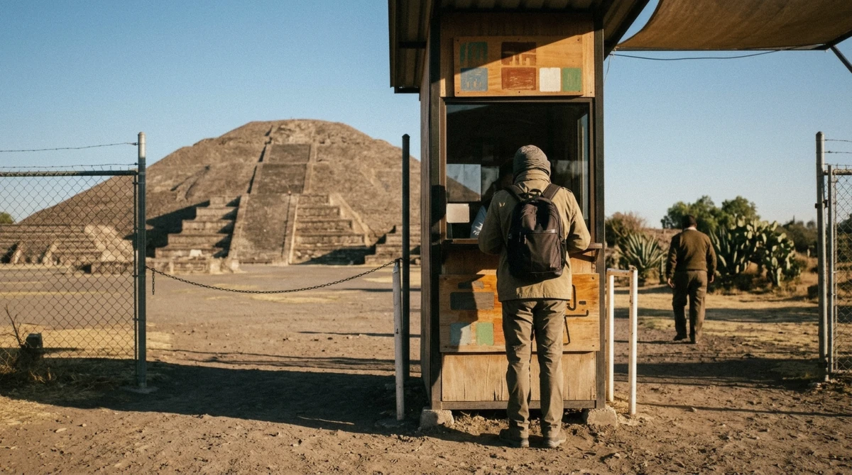 Entry ticket booth at the Teotihuacan archaeological zone gate showing the real cost of a Teotihuacan pyramids tour