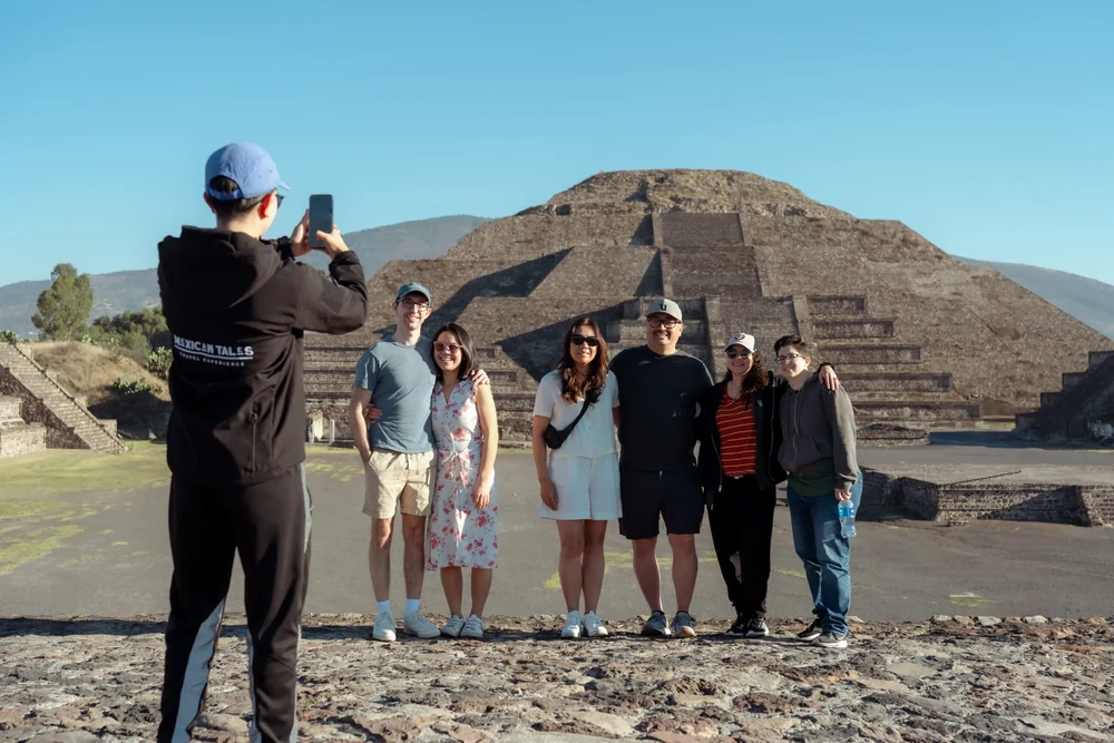 Tour group photographed in front of the Pyramid of the Moon during a guided Teotihuacan pyramids tour