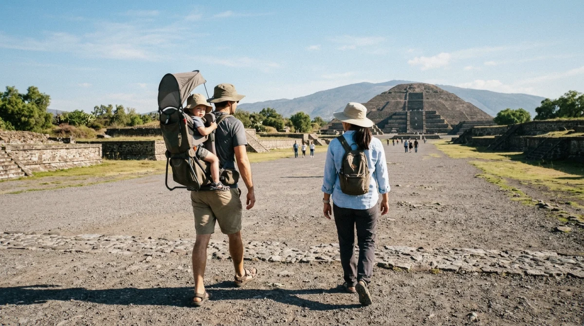A family walking the Avenue of the Dead together at Teotihuacan with kids, pyramids visible in the distance