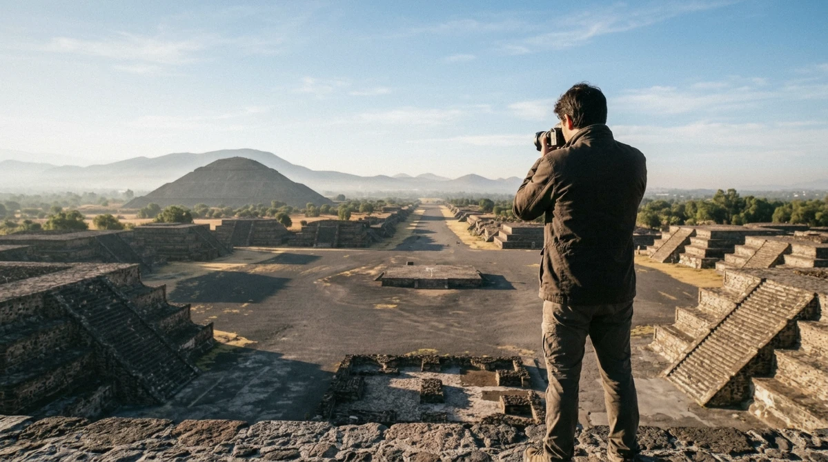 The Avenue of the Dead seen from the Pyramid of the Moon's reopened first platform, the best photo spot at Teotihuacan