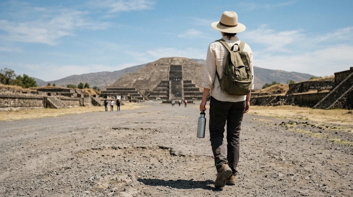 A traveller in a wide-brim hat and closed walking shoes on the uneven stone of the Avenue of the Dead, dressed for a Teotihuacan pyramids tour